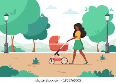 Black woman walking with baby carriage in city park. Outdoor activity. Vector illustration.