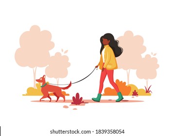 Black woman walking with dog in autumn. Outdoor activity concept. Vector illustration.