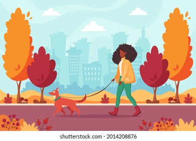 Black woman walking with dog in autumn park. Outdoor activity concept. Vector illustration.