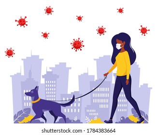 Black woman walking with dog during pandemic. Black woman in face mask. Pandemic, quarantine rules. Outdoor activities. Vector illustration in flat style.