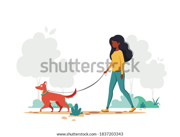 Black woman walking with dog in the\
park. Outdoor activity concept. Vector\
illustration.