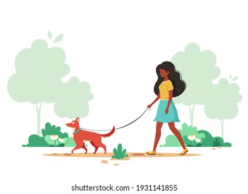 Black woman walking with dog in spring. Outdoor activity concept. Vector illustration.