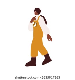 Black woman walking outdoors. Young modern urban style African-American female in fashion overalls and boots, accessories, trendy clothing. Flat vector illustration isolated on white background