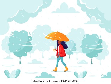 Black woman walking under an umbrella during the rain. Fall rain. Autumn outdoor activities. Vector illustration
