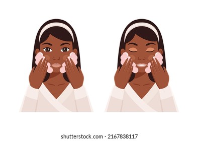 Black Woman Wash Face with Soap Foam with Hands. Skin Care Procedure. Happy Afro Lady with Open and Closed Eyes and Smile. Color Cartoon style. White background. Vector illustration for Beauty design.