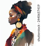 Black woman watercolor vector illustration, wearing big golden earrings, headscarf, red elements, female portrait