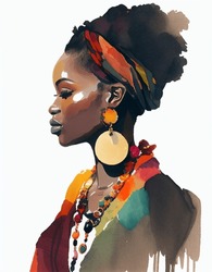 Black Woman Watercolor Vector Illustration, Wearing Big Golden Earrings, Headscarf, Red Elements, Female Portrait