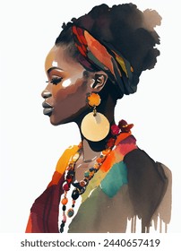 Black woman watercolor vector illustration, wearing big golden earrings, headscarf, red elements, female portrait