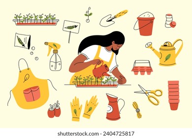 Black woman watering and growing microgreens and seedlings. Home gardening modern flat vector illustration set with hand drawn doodle elements.