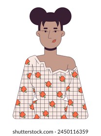 Mujer negra que lleva la blusa con el carácter lineal 2D del dibujo animado del patrón floral. Hermosa mujer aislada línea de Vector persona fondo blanco. Ilustración elegante del punto plano del color del modelo joven