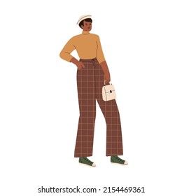 Black woman wearing fashion clothes. Female in stylish trendy apparel. Girl in modern outfit, hat, checkered pants, turtleneck, sneakers, bag. Flat vector illustration isolated on white background