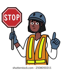black Woman wearing a helmet and holding a stop sign gesturing with her finger