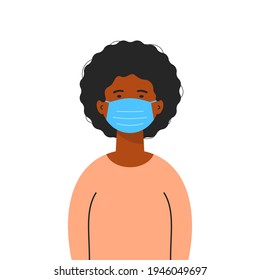 A black woman wearing a medical mask isolated on white background. Coronavirus protection, pandemic prevention measures. COVID-19 prevention concept. Vector flat illustration.