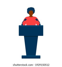 Black Woman Wearing Suit At Podium During Conference, Tribune. Speech By Leader Person, Businesswoman Or Head Teacher. Vector Illustration