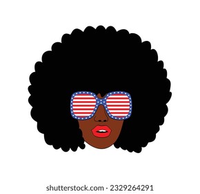 Black woman wearing sunglasses with american flag design. Vector illustration of the 4 th July American flag.
