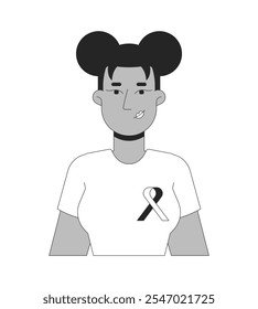 Mujer negra que lleva la cinta de solidaridad de la camiseta carácter blanco y negro de la línea 2D. Camiseta de concientización sobre el cáncer de mama mujer afroamericana persona de perfil de Vector aislado. Ilustración de punto monocromático