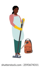 Black woman in a white apron is cleaning with a vacuum. She is wearing yellow gloves and apron. Flat vector illustration isolated on white background