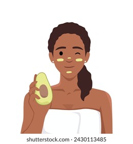 Black Woman in white towel after getting out of shower or bath recommends using avocado for cosmetic masks. Flat vector