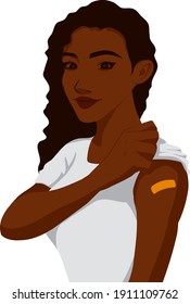 A Black Woman In A White T-shirt Pulls Up Sleeve To Show Bandage From Vaccination Shot Injection