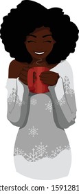 A black woman in a winter sweater drinks a hot beverage from a rose gold mug.