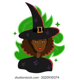 Black woman witch portrait in hat. Halloween witch female avatar in cartoon flat style. Magican black skin character portrait isolated on white