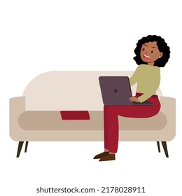 Black woman work at home or office resting room with her tablet and laptop. Confident happy black female entrepreneur holds a laptop and uses it for planning or online meeting. Vector illustration