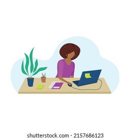 Black woman working on computer. Woman sitting at the table. Afro american woman in the office. Girl studying online. Flat style vector illustration.