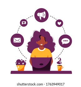 Black woman working on laptop. Working process, management, freelance, work from home, communication concept.  Vector illustration