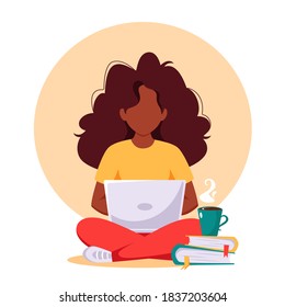 Black woman working on laptop. Freelance, remote working, online studying, work from home concept. Vector illustration in flat style.