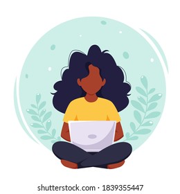 Black woman working on laptop. Freelance, remote working, online studying, work from home concept. Vector illustration