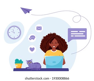 Black woman working on laptop. Freelance, online studying, remote work concept. Vector illustration