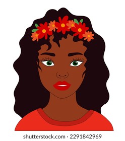 Black woman with wreath flowers on her head. Vector illustration of a black girl with curly hair and green eyes. Poster, postcard with a woman.