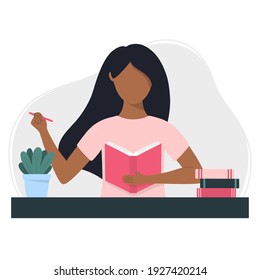 Black Woman Writes In A Notebook. Planning, Studying, Writing Or Reading Concept. Flat Style Vector Illustration.