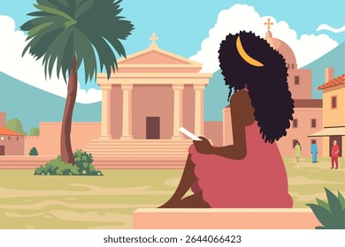 Black woman writing in a book about her experience abroad while learning about the local culture and history on vacation for a slow travel concept. African American tourist on a solo trip in Asia