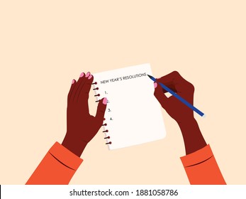 Mujer negra escribiendo resoluciones de año nuevo en su cuaderno. Un concepto de lista de objetivos. Diversidad. Mano femenina. Ilustración vectorial colorida y moderna en estilo plano de caricatura.