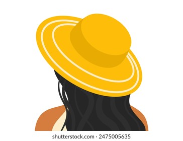 Black Woman in yellow hat and long hair Stands Half Sideways. Design element for greeting card, advertising, sale, social network, banner, poster, flyer. Flat vector illustration.