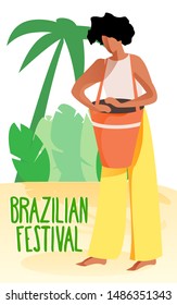 Black Woman in Yellow Pants Playing Drum. Brazilian Music Festival. Traditional Brazilian Music. Country Cult. Holiday of Brazil. Vector Illustration with Text. Woman Musician with Black Short Hair.