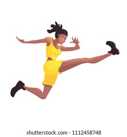 Black woman in a yellow sports suit jumps, triathlon 2018