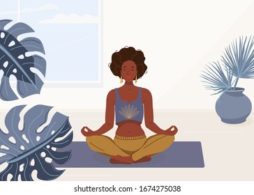 Black woman yoga at home vector background illustration. African young girl sitting in yoga lotus pose. Happy relaxed black female character performing meditation exercise.