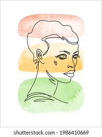 Black woman's face simple vector illustration, hand drawn line sketch. Afro female portrait editable outline drawing. Colorful watercolor brush strokes background. Modern minimalist style print design