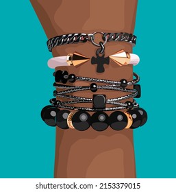 Schwarze Frauenhand mit vielen Armbändern. Schwarz-Weiß-Armbänder im Designstil. Mode, Vektorgrafik einzeln auf türkisem Hintergrund.