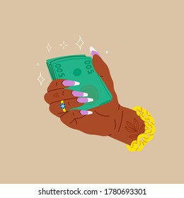 Black woman's hand is holding stack of green Money. Cool manicure and golden chain. Cash in hand. Five hundreds. Close up look. Cartoon style. Hand drawn Vector illustration. Logo or print idea