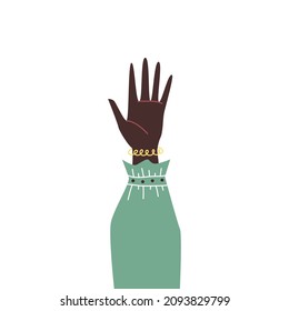 Black womans hand raised up, cartoon flat vector illustration isolated on white background. Person raises arm in protest or as agreement and power.