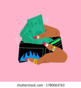 Black woman's hands are holding wallet with green money. Cool manicure and golden rings. Cash in hands. Stack of hundreds of dollars. Close up look. Hand drawn Vector illustration. Logo or print idea