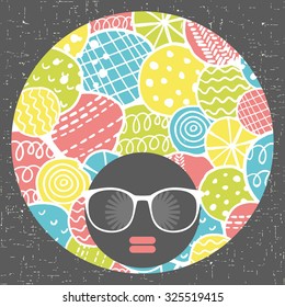 Black woman's head with mod afro hair style. Vector illustration.