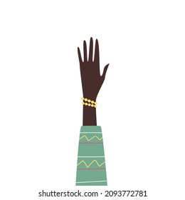 Black woman's raised hand, cartoon flat vector illustration. African American palm rise high, with golden bracelet on it. 