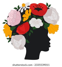 Black woman's silhouette with colorful flowers in her hair. Mother's Day celebration. Black History Month banner, poster, greeting card, brochure template. Isolated on white.