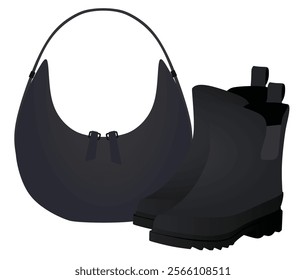 Black women boots and handbag. vector illustration