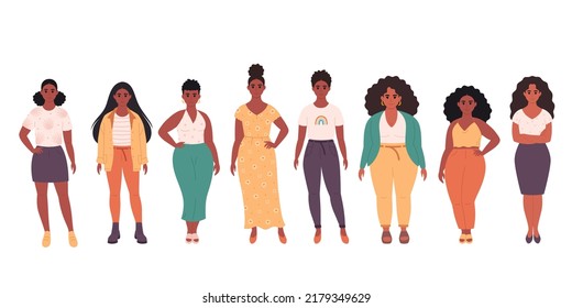 Black women of different body types, hairstyles, age. Social diversity of people in modern society. Fashionable casual outfit. Hand drawn vector illustration