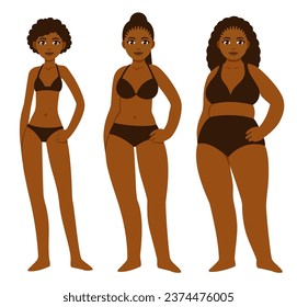 Black women of different body types: skinny, hourglass shape and plus size. Beautiful girls in underwear, bra cup size. Vector clip art illustration set.